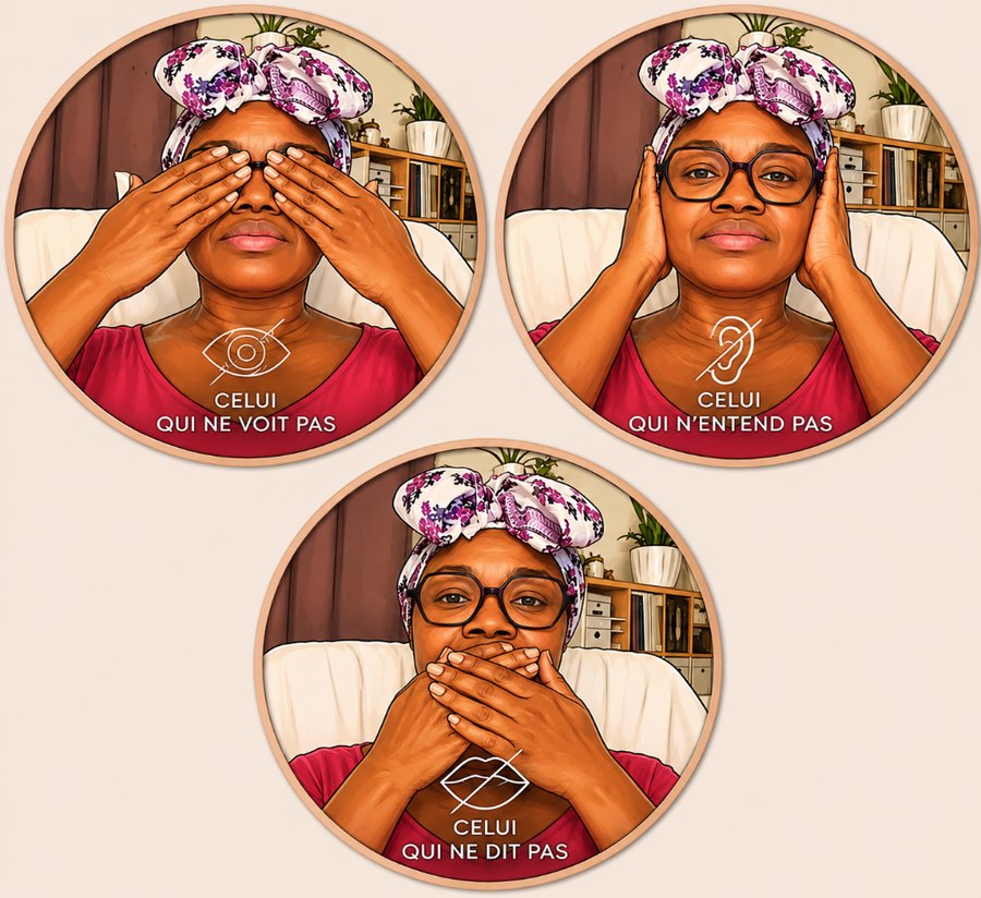 Illustration de couverture : trois portraits de l'auteure en pose 'ne pas voir, ne pas entendre, ne pas dire'