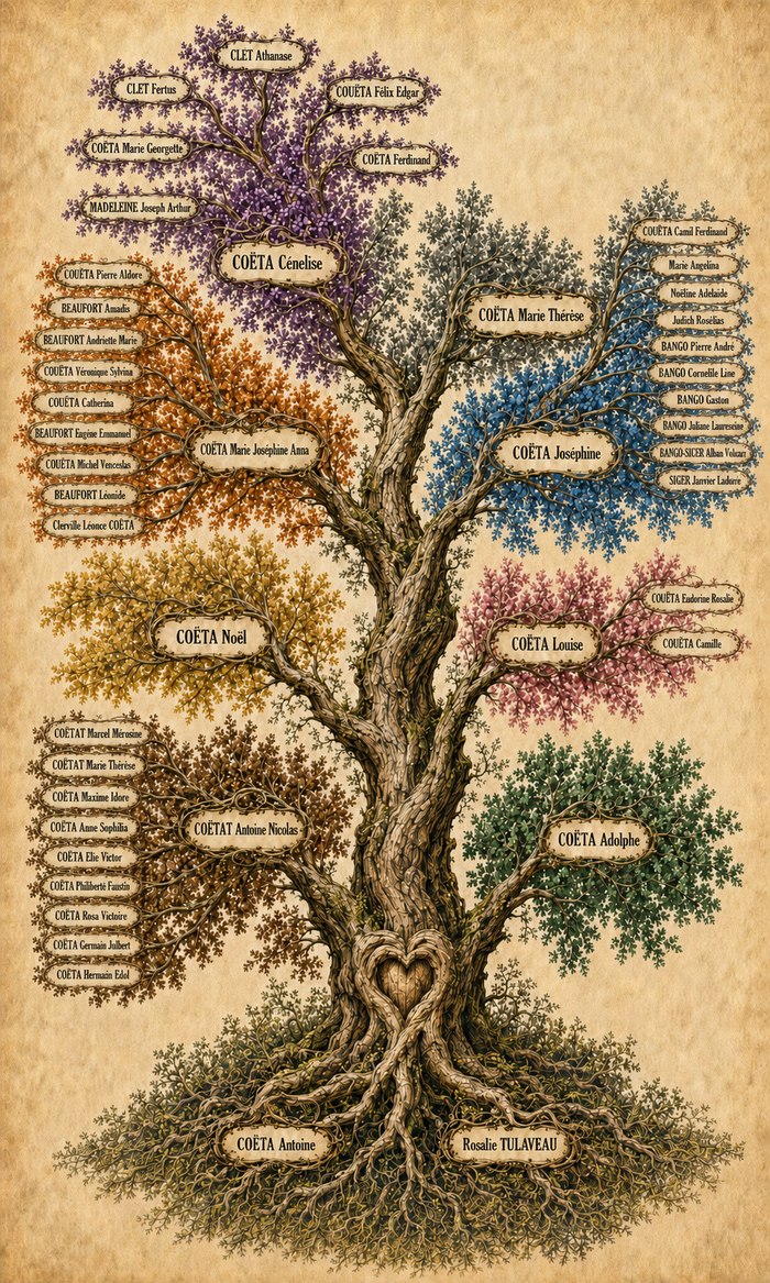 Arbre généalogique détaillé de la descendance d'Antoine Coëta et de Rosalie Tulaveau, avec les branches et noms de famille de la descendance.