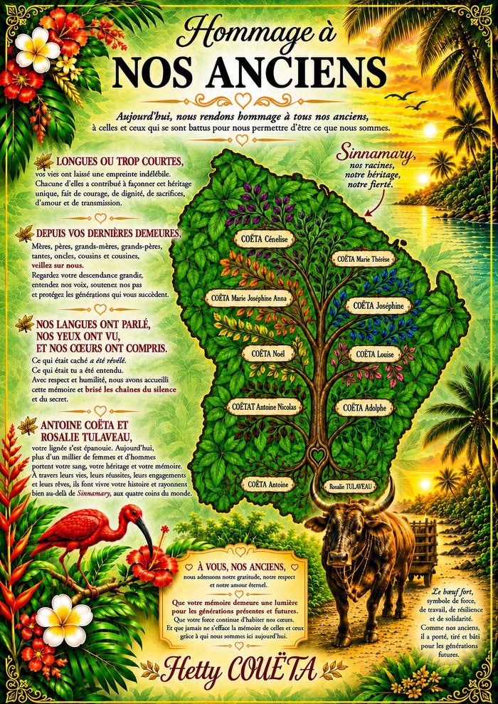 Page « Hommage à nos anciens » du livre, avec un arbre généalogique illustré sur une carte de la Guyane et un texte d'hommage aux ancêtres, signé Hetty Couëta.