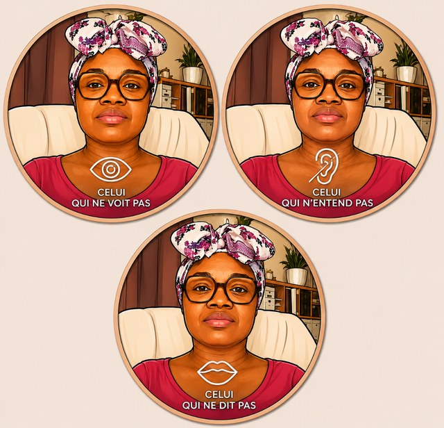 Illustration de couverture : trois portraits de l'auteure en pose « ne pas voir, ne pas entendre, ne pas dire ».
