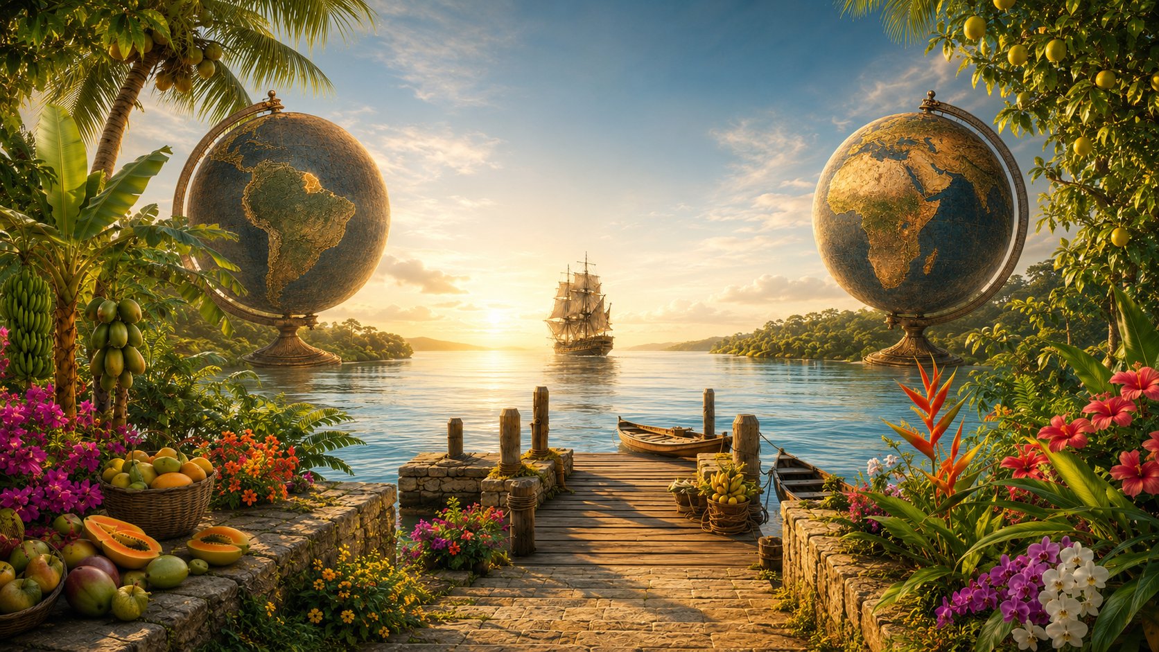 Illustration : deux globes anciens montrant l'Afrique et les Ameriques encadrent un voilier voguant vers un ponton tropical au coucher du soleil, entoure de fleurs et de fruits exotiques.